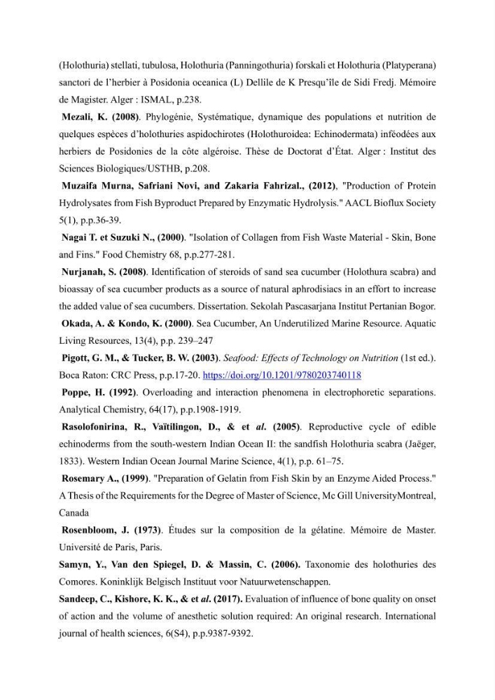 Contribution à la valorisation des coproduits des espèces d\'holothurie ( concombre de mer ) pêchées dans la côte algérienne