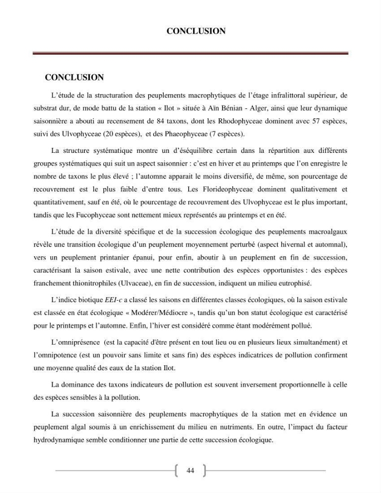 Bioévaluation de la qualité des eaux marines côtières les peuplements macrophytes benthiques.