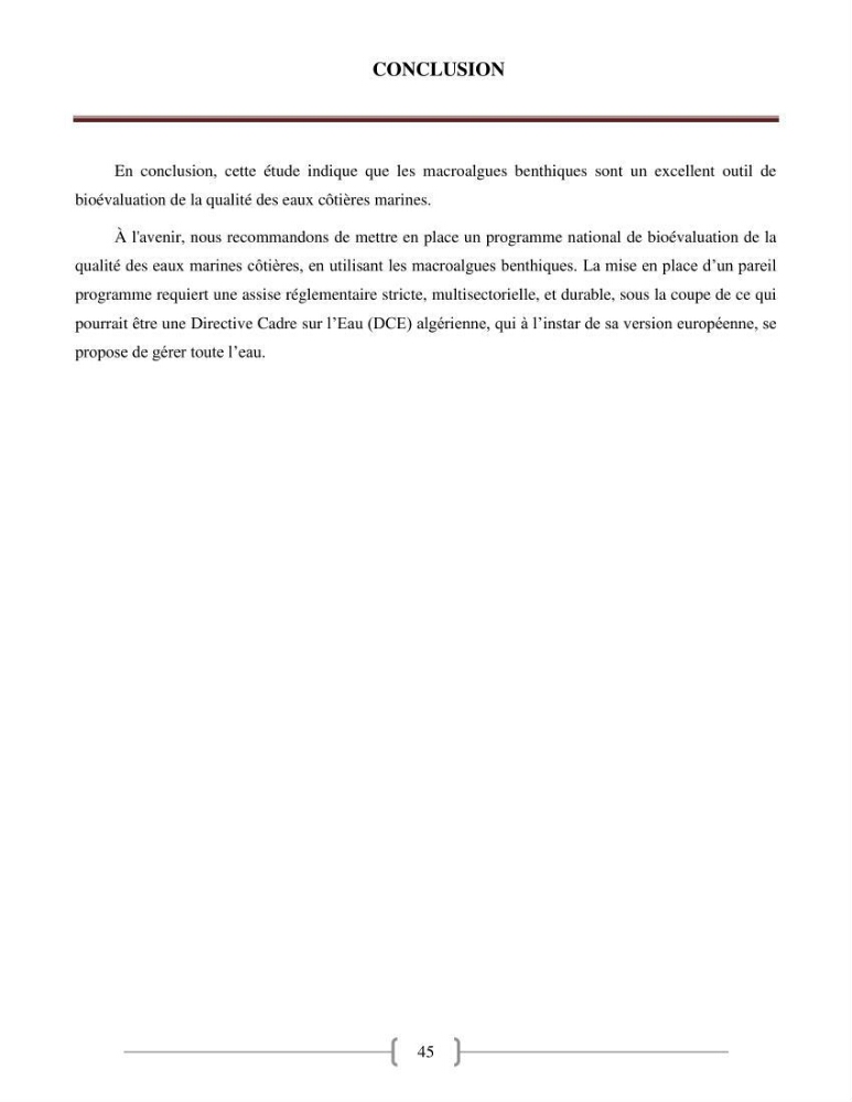 Bioévaluation de la qualité des eaux marines côtières les peuplements macrophytes benthiques.