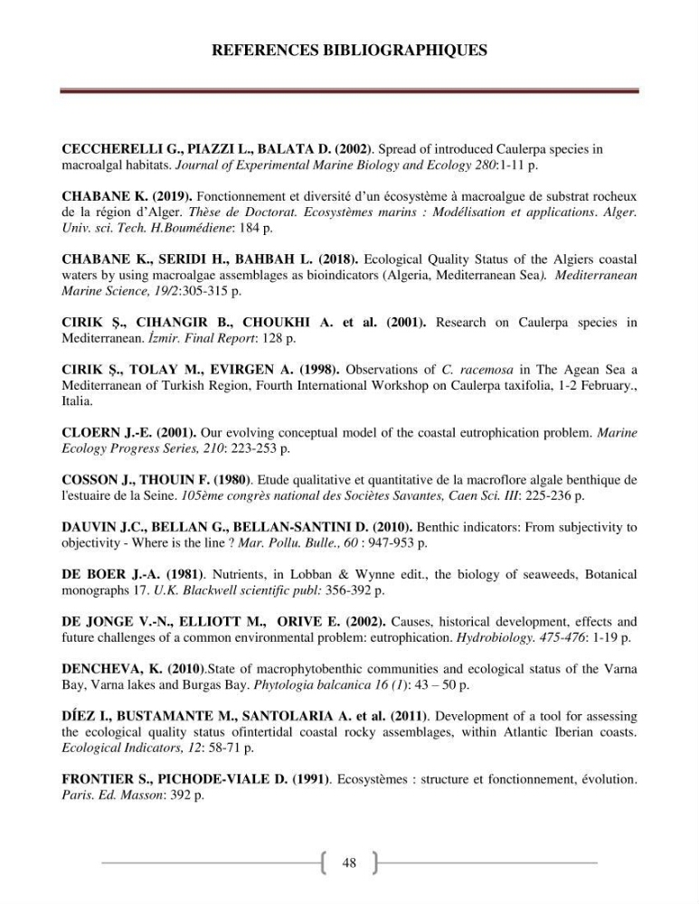 Bioévaluation de la qualité des eaux marines côtières les peuplements macrophytes benthiques.