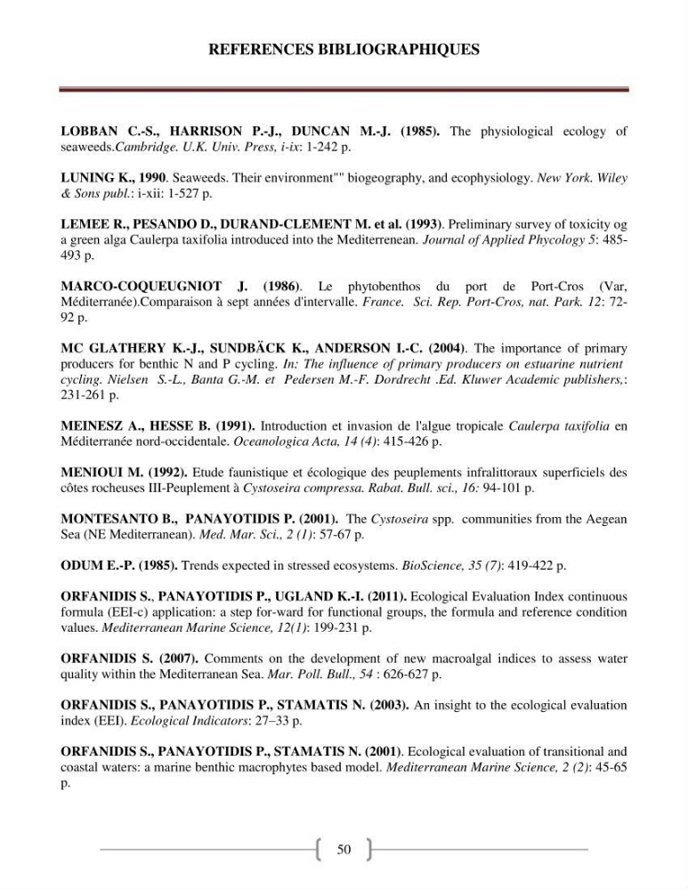 Bioévaluation de la qualité des eaux marines côtières les peuplements macrophytes benthiques.