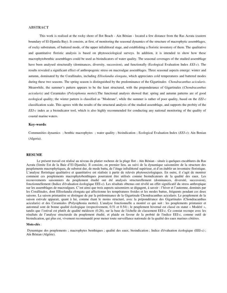 Bioévaluation de la qualité des eaux marines côtières les peuplements macrophytes benthiques.