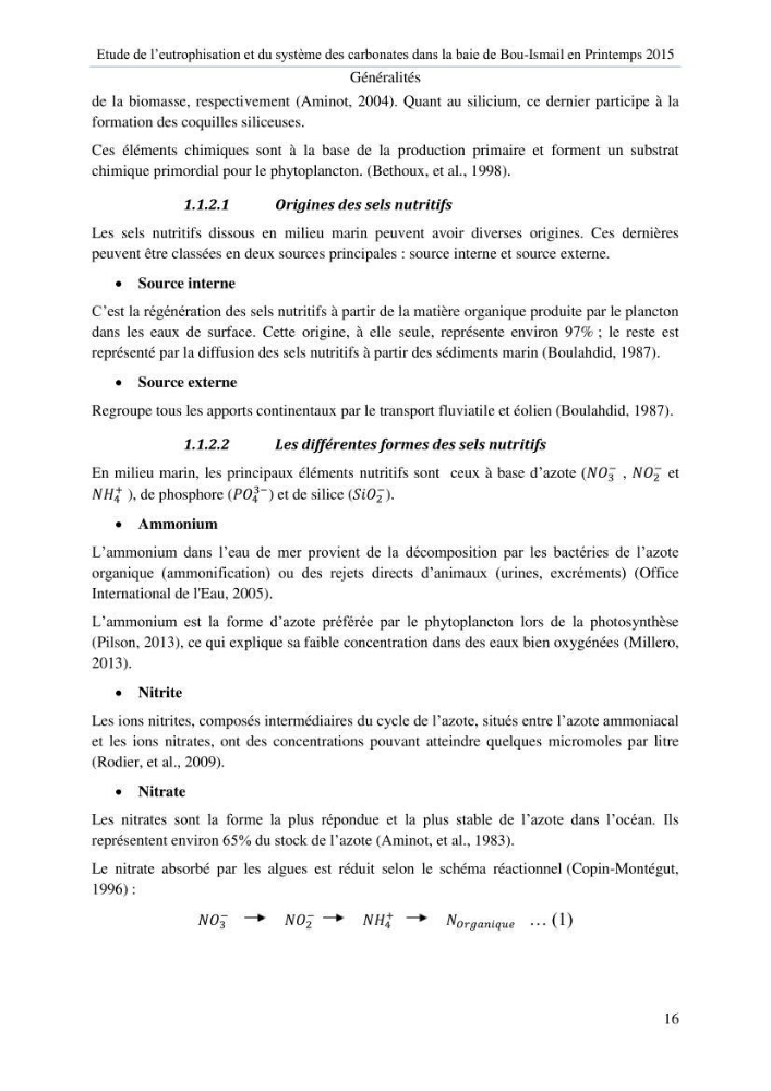 Etude de l\'eutrophisation et du système des carbonates dans la baie de Bou-Ismail en printemps 2015