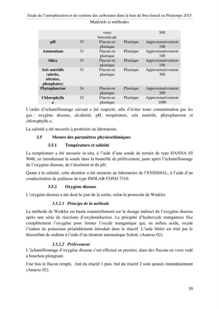 Etude de l\'eutrophisation et du système des carbonates dans la baie de Bou-Ismail en printemps 2015