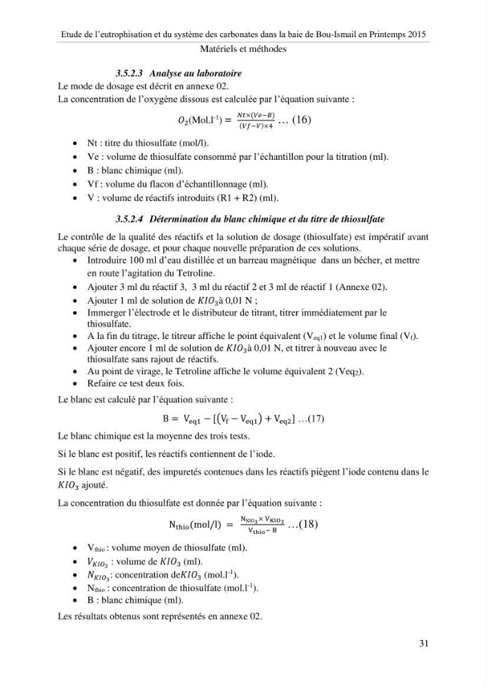 Etude de l\'eutrophisation et du système des carbonates dans la baie de Bou-Ismail en printemps 2015
