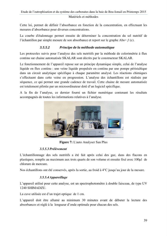 Etude de l\'eutrophisation et du système des carbonates dans la baie de Bou-Ismail en printemps 2015