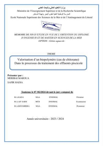 Valorisation d’un biopolymère (cas de chitosane) dans le processus du traitement des effluents piscicole Valorisation d’un biopolymère (cas de chitosane) dans le processus du traitement des effluents piscicole