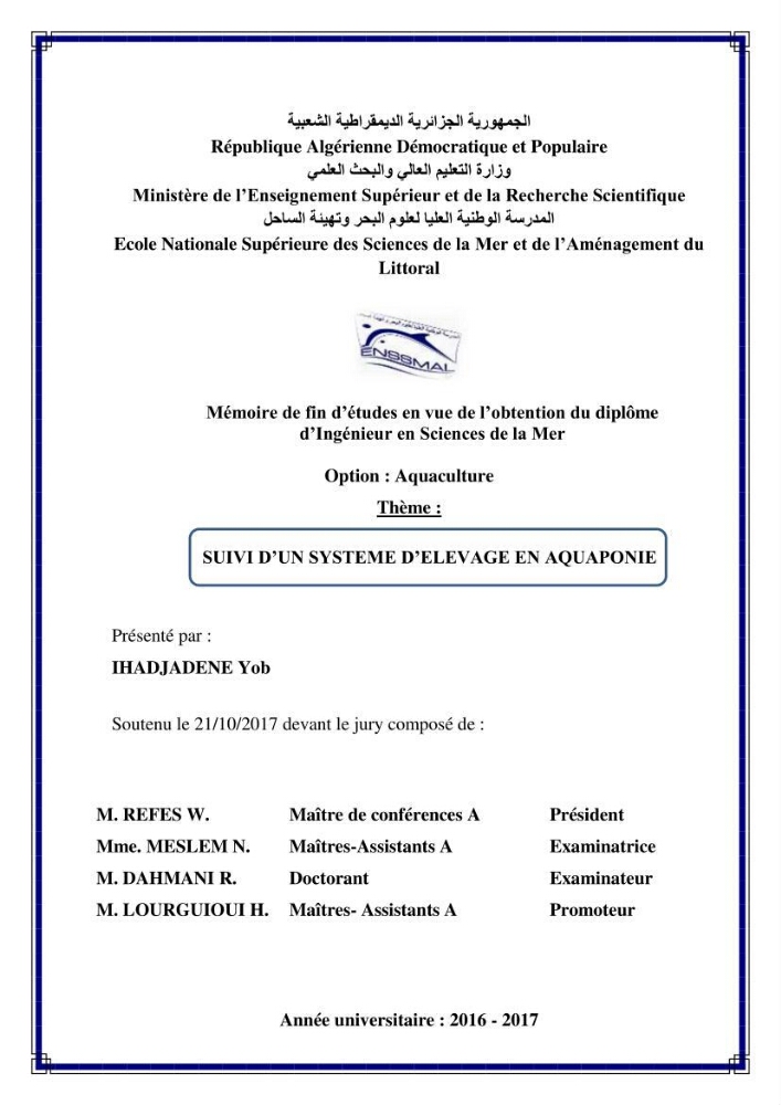 Suivi d\'un systeme d\'élevage en aquaculture