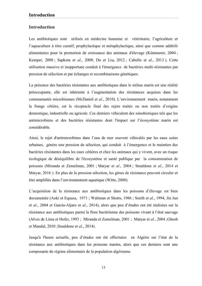 Evaluation et caractérisation de la résistance aux antibiotiques chez des bactéries à Gram négatif isolées à partir de milieux et d’animaux aquatiques
