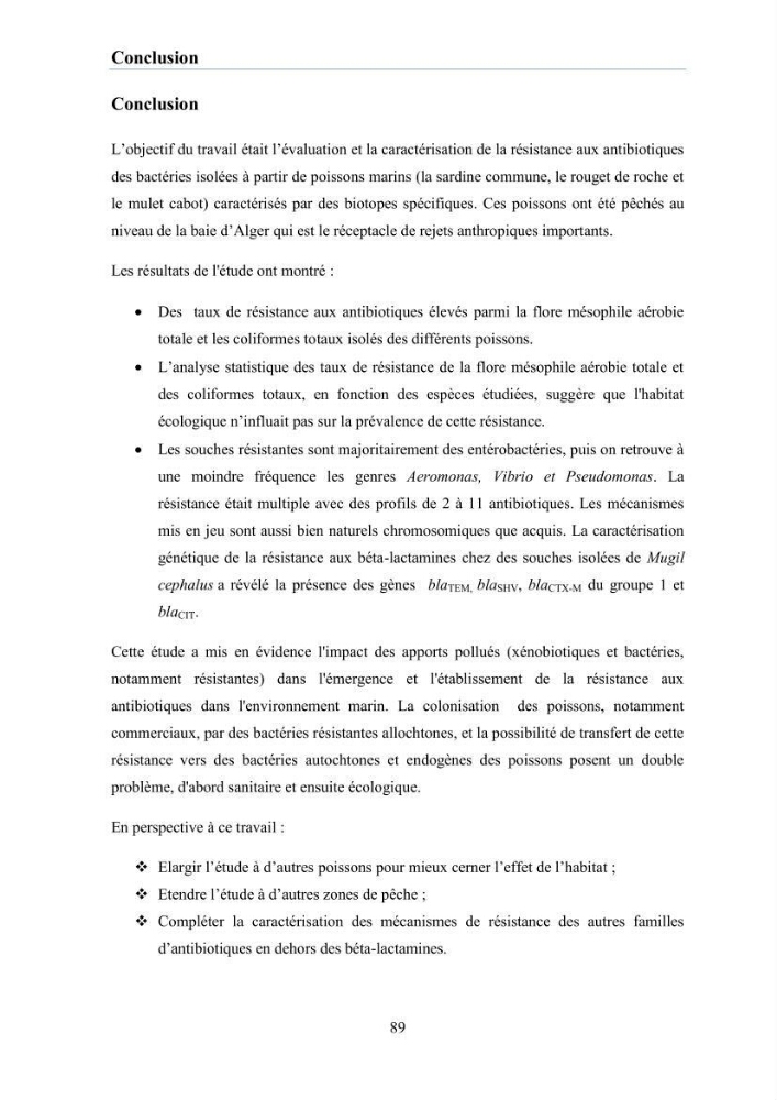 Evaluation et caractérisation de la résistance aux antibiotiques chez des bactéries à Gram négatif isolées à partir de milieux et d’animaux aquatiques