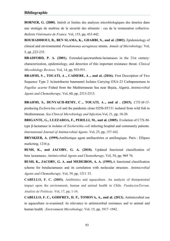 Evaluation et caractérisation de la résistance aux antibiotiques chez des bactéries à Gram négatif isolées à partir de milieux et d’animaux aquatiques
