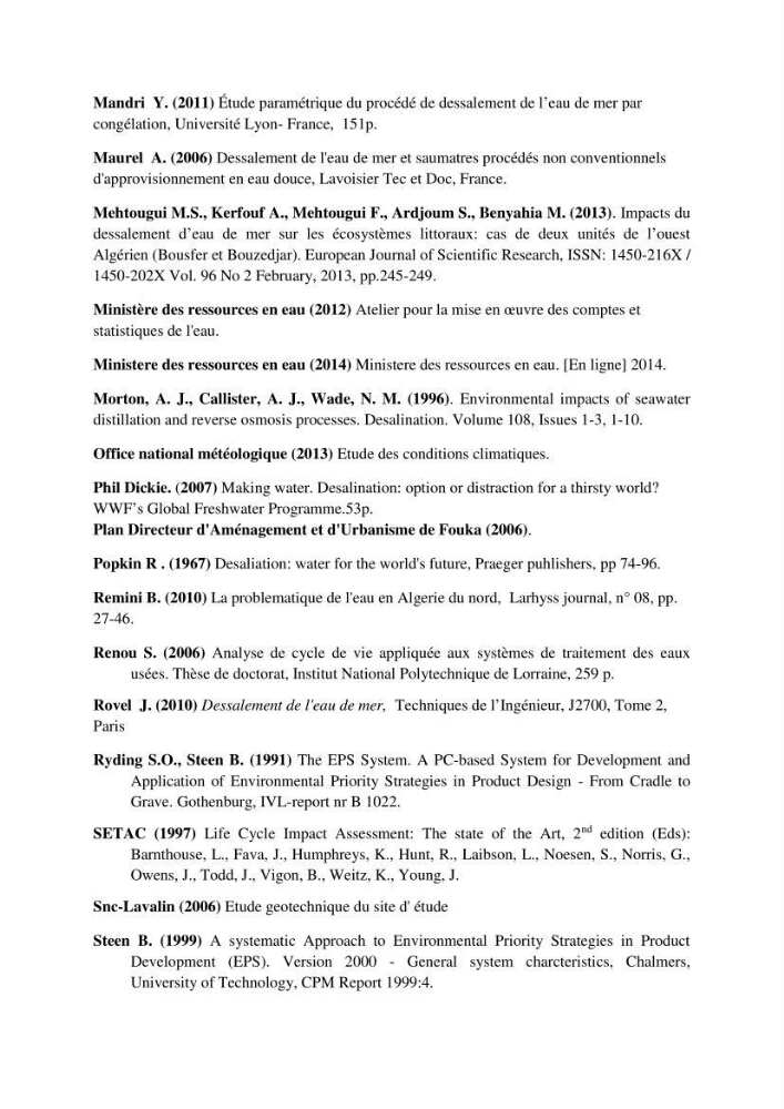 Analyse du cycle de vie du dessalement de l\'eau de mer en baie de Bou-Ismail: evaluation de la performance environnementale de la station de Fouka