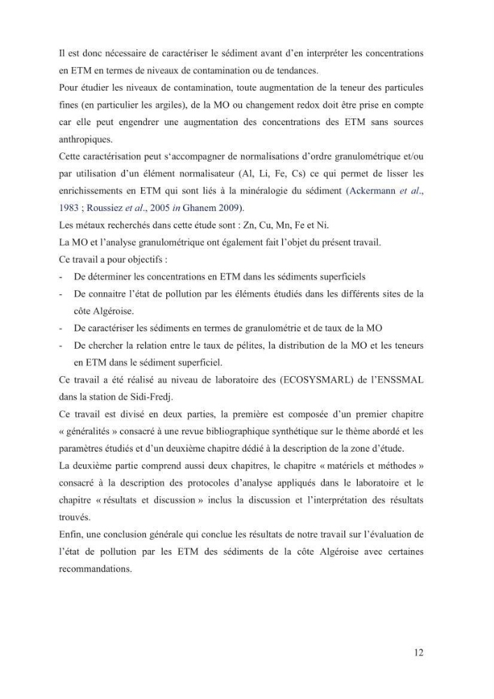 Contamination des sédiments marins de la côte Algéroise par les métaux traces