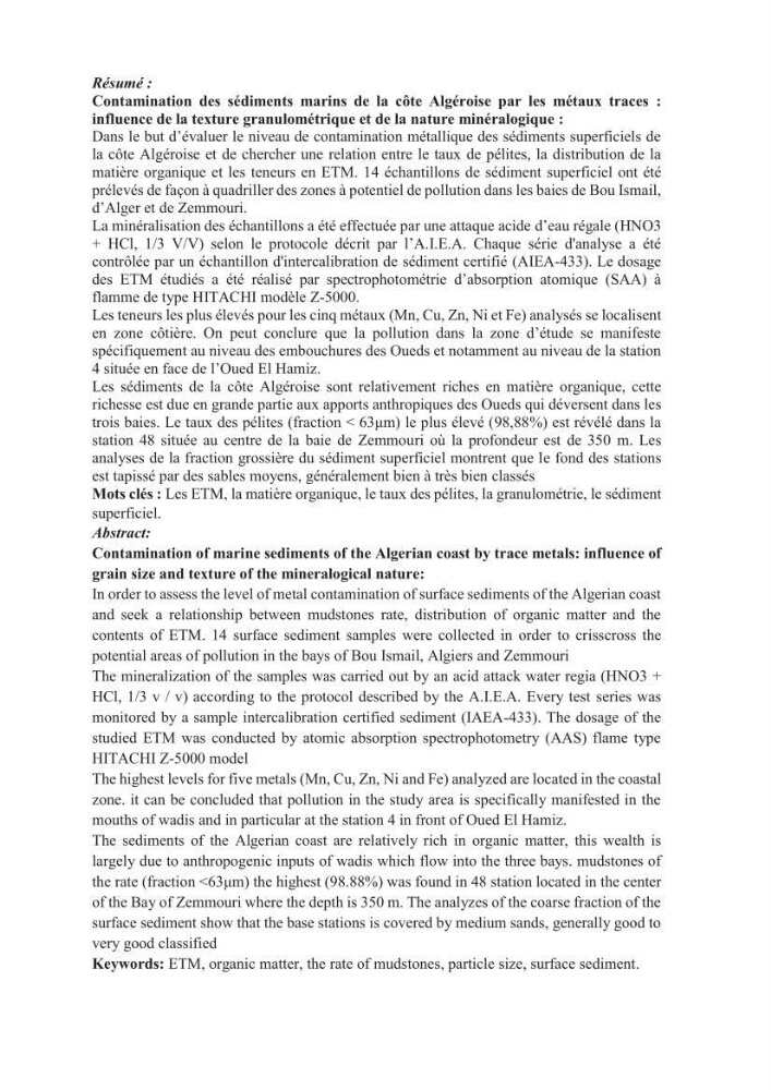 Contamination des sédiments marins de la côte Algéroise par les métaux traces