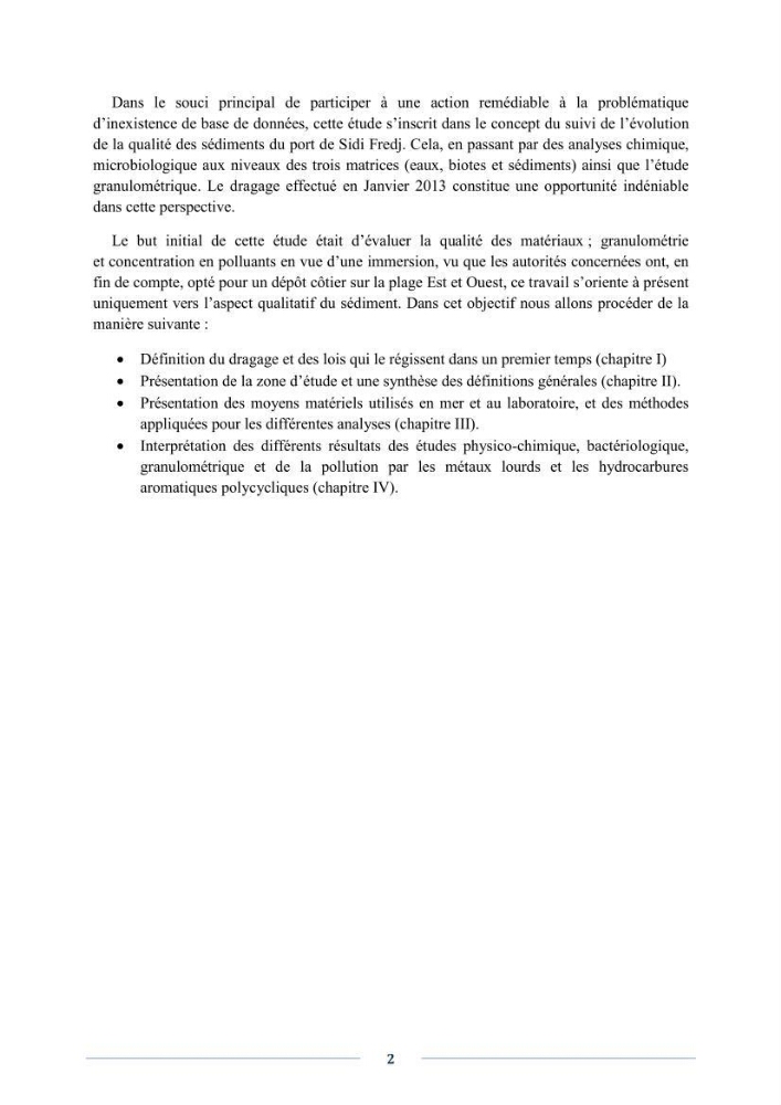 Evaluation de la qualité (microbiologie, métaux lourds, granulométrie et hydrocarbures) des sédiments de dragage du port de Sidi-Fredj en vue d\'une immersion