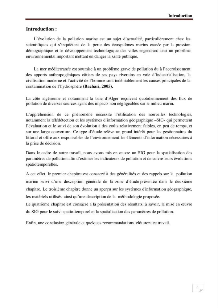 Conception d\'un système d\'information géographique (SIG) pour la spatialisation des paramètres de pollution dans la baie d\'Alger