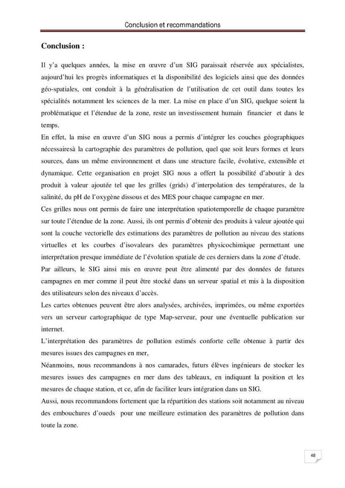 Conception d\'un système d\'information géographique (SIG) pour la spatialisation des paramètres de pollution dans la baie d\'Alger