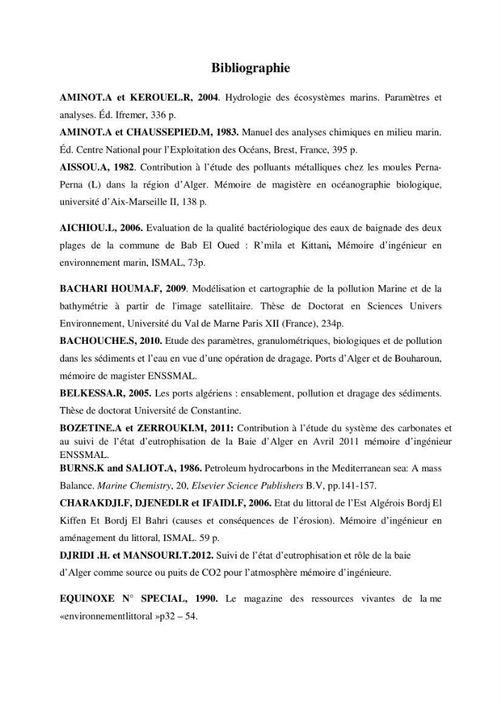 Conception d\'un système d\'information géographique (SIG) pour la spatialisation des paramètres de pollution dans la baie d\'Alger