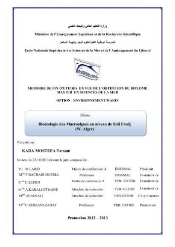 Bioécologie des macroalgues au niveau de Sidi Fredj (w. Alger) Bioécologie des macroalgues au niveau de Sidi Fredj (w. Alger)