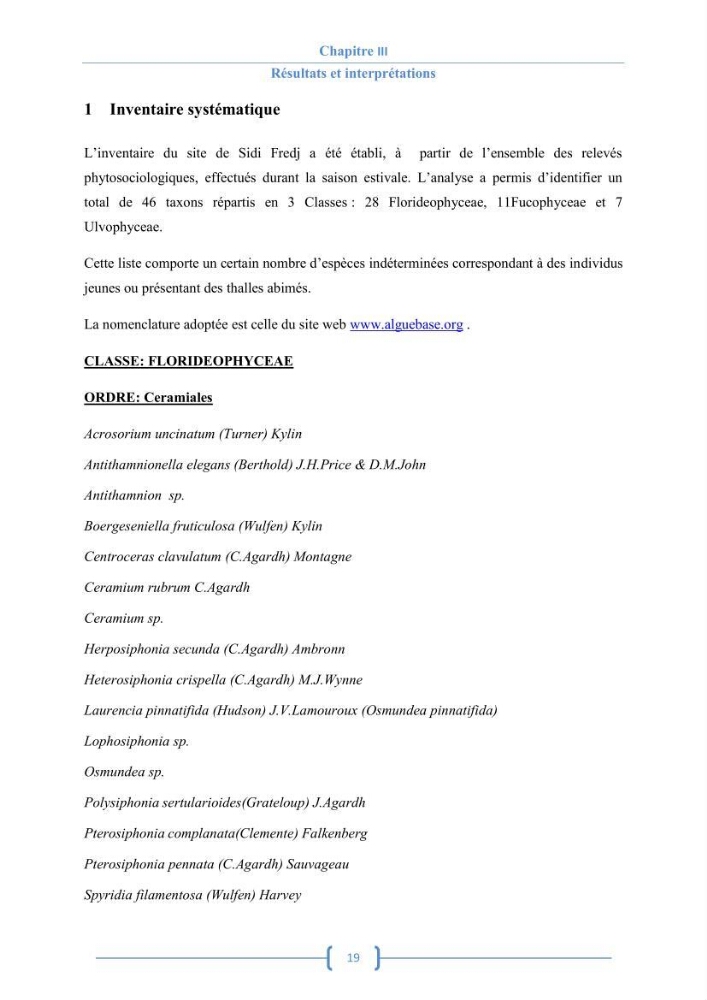 Bioécologie des macroalgues au niveau de Sidi Fredj (w. Alger)