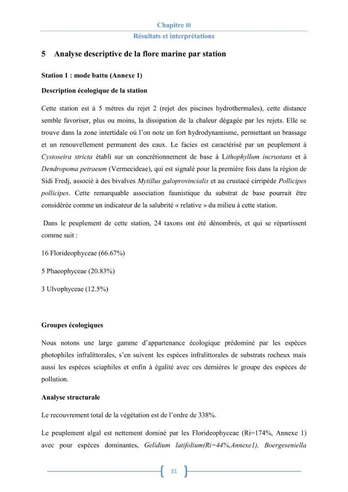 Bioécologie des macroalgues au niveau de Sidi Fredj (w. Alger)