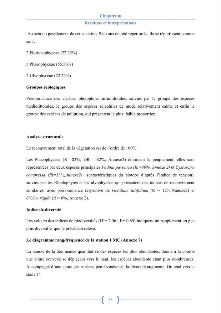 Bioécologie des macroalgues au niveau de Sidi Fredj (w. Alger)