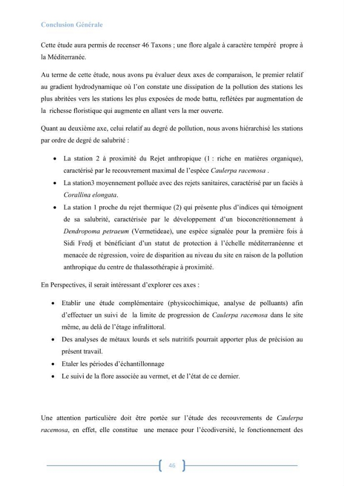 Bioécologie des macroalgues au niveau de Sidi Fredj (w. Alger)