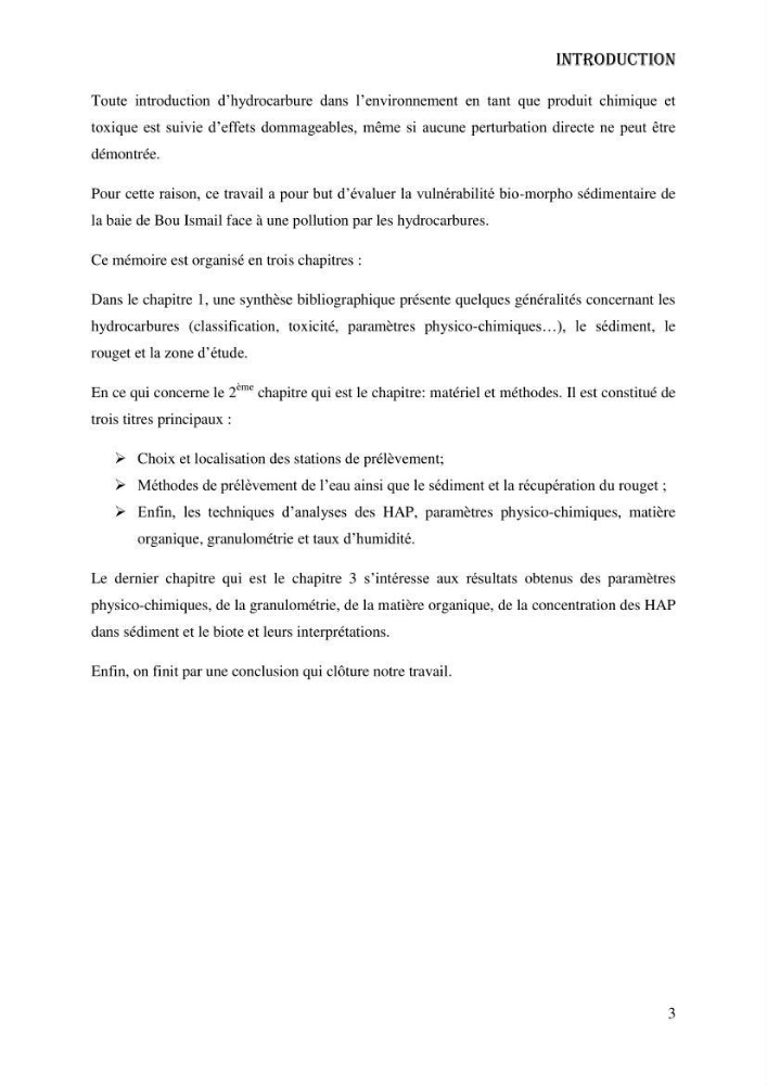 Evaluation de la vulnérabilité bio-morphosédimentaire de la baie de Bou-Ismail face à une pollution potentielle par les hydrocarbures: