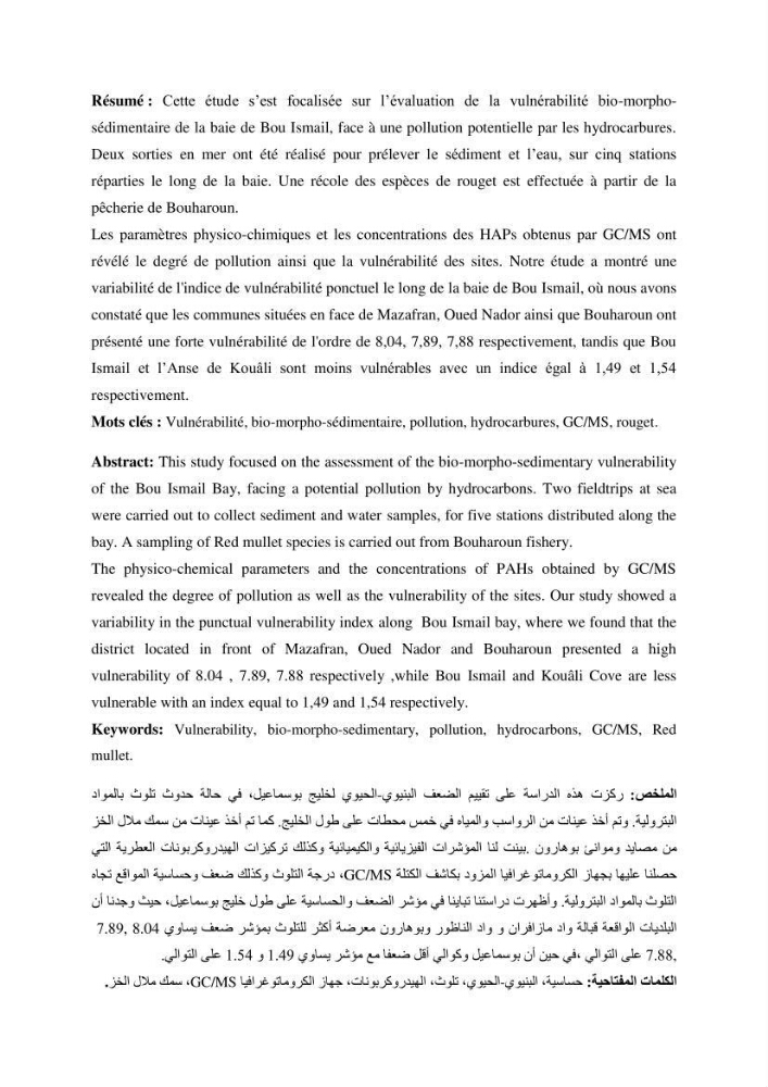 Evaluation de la vulnérabilité bio-morphosédimentaire de la baie de Bou-Ismail face à une pollution potentielle par les hydrocarbures: