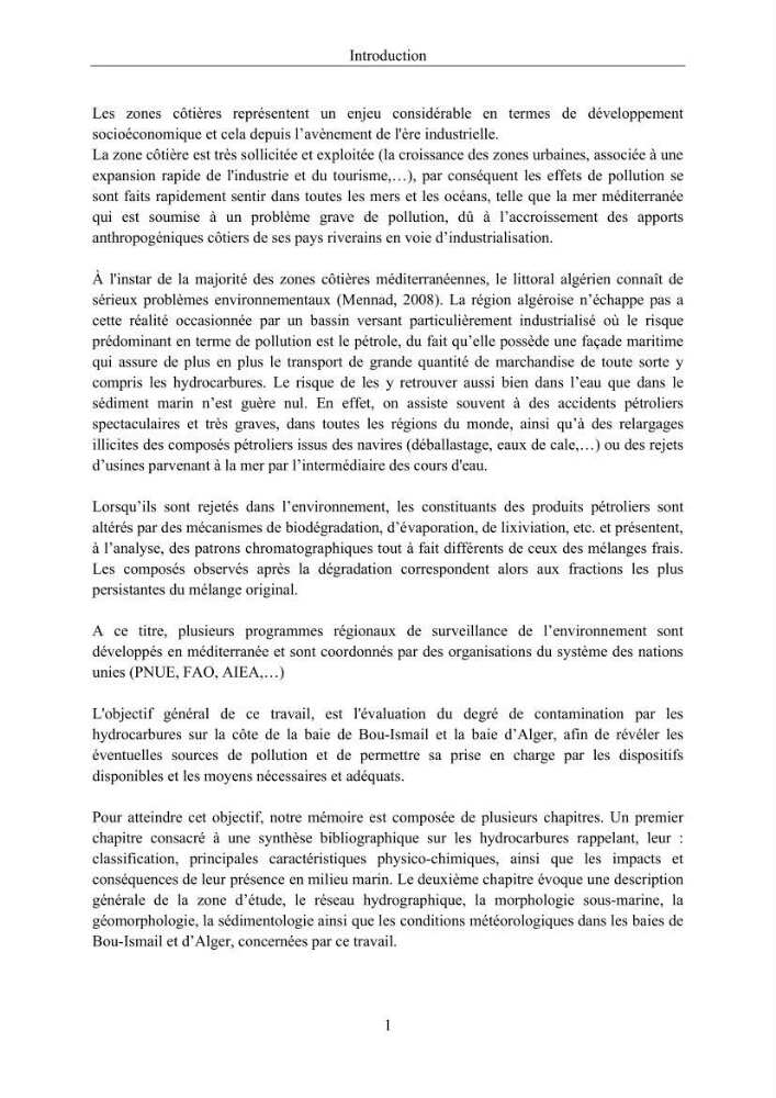 Etat de la pollution par les hydocarbures dans les eaux et les sédiments superficiels dans la baie d\'Alger et la baie de Bou-Ismail