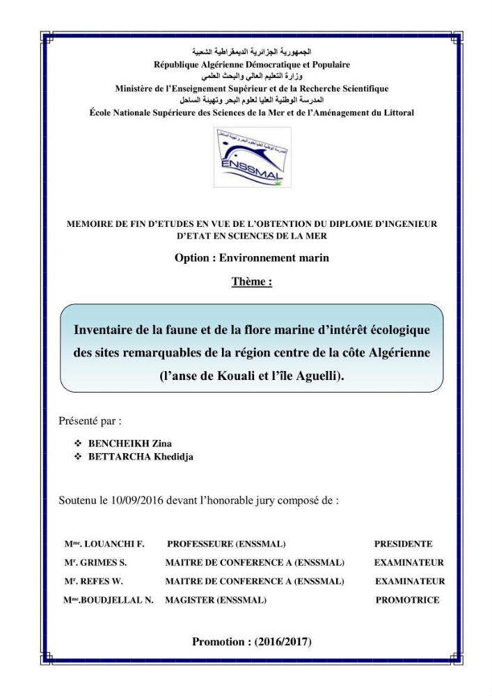 Inventaire de la faune et de la flore marine d\'intérêt écologique des sites remarquables de la région centre de la côte Algérienne (l\'Anse de Kouali et l\'île Aguelli)