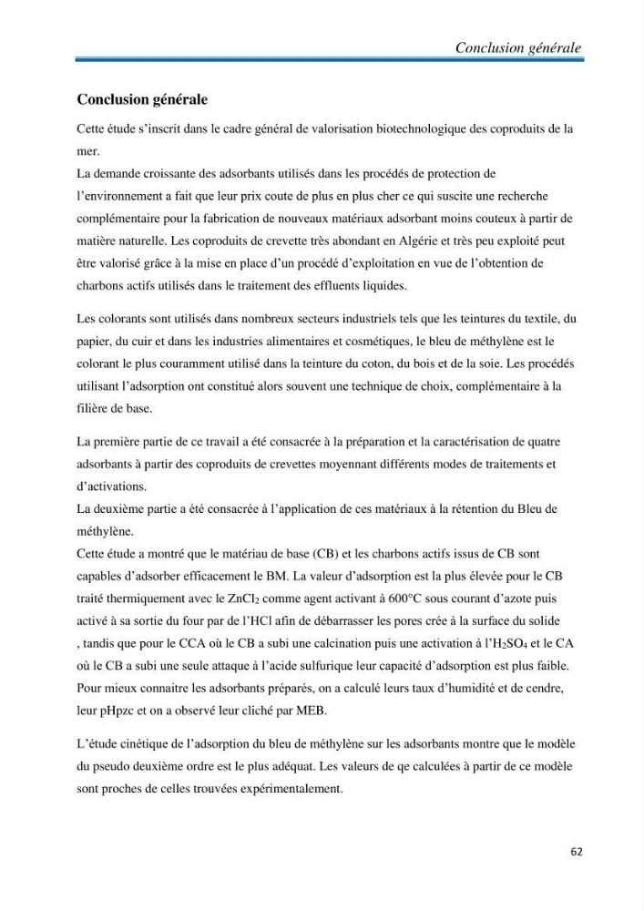 Elaboration d\'un adsorbant à partir des coproduits de la mer :application à la rétention des colorants textiles