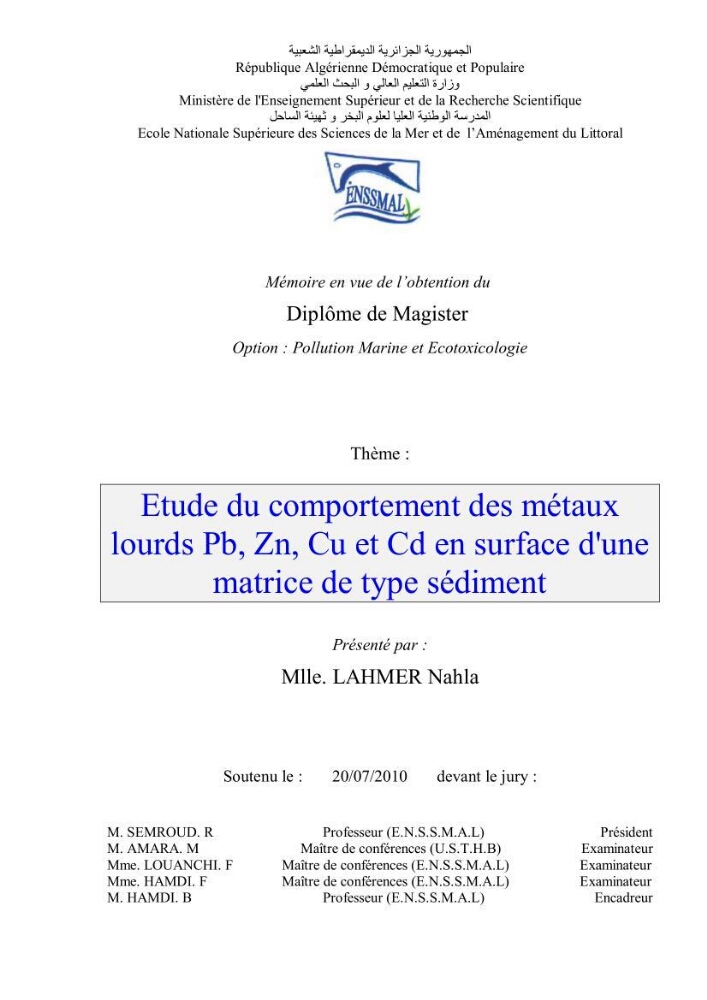 Etude du comportement des métaux lourds Pb, Zn, Cu et Cd en surface d\'une matrice de type sédiment