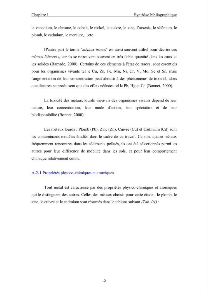 Etude du comportement des métaux lourds Pb, Zn, Cu et Cd en surface d\'une matrice de type sédiment