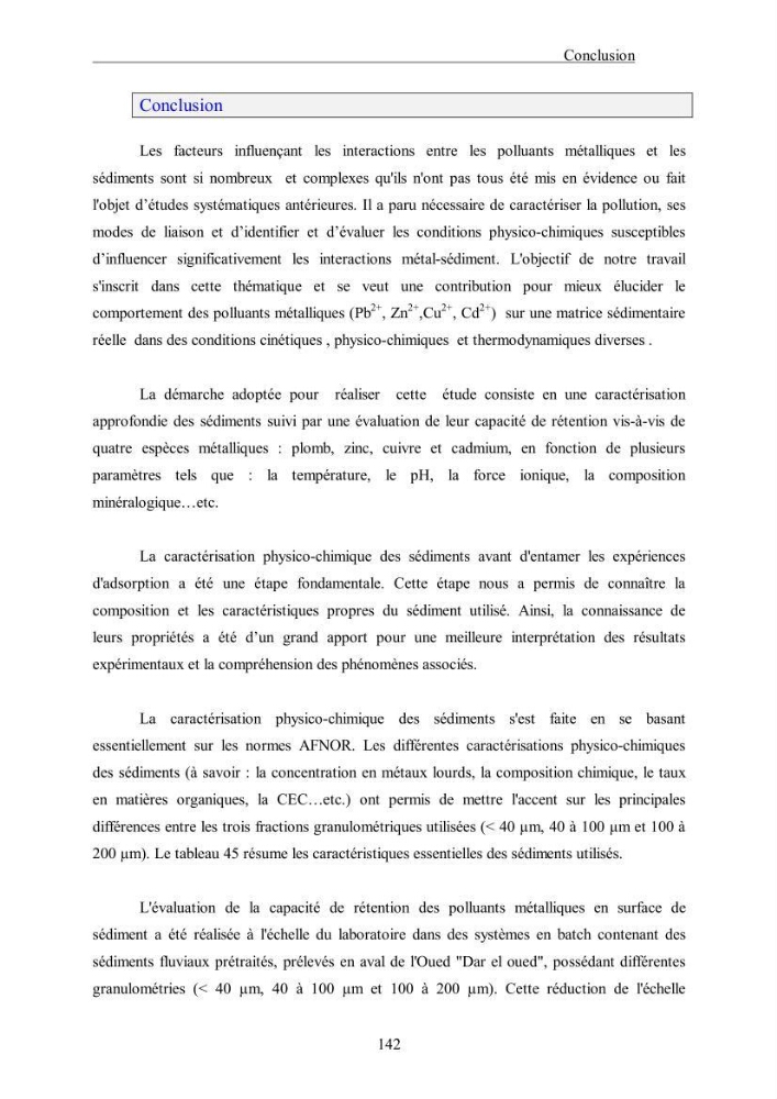 Etude du comportement des métaux lourds Pb, Zn, Cu et Cd en surface d\'une matrice de type sédiment