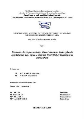 Evaluation des risques sanitaires liés aux déversements des effuents hospitaliers en mer: cas de la plage El Kettani de la commune de Bab El Oued Evaluation des risques sanitaires liés aux déversements des effuents hospitaliers en mer: cas de la plage El Kettani de la commune de Bab El Oued
