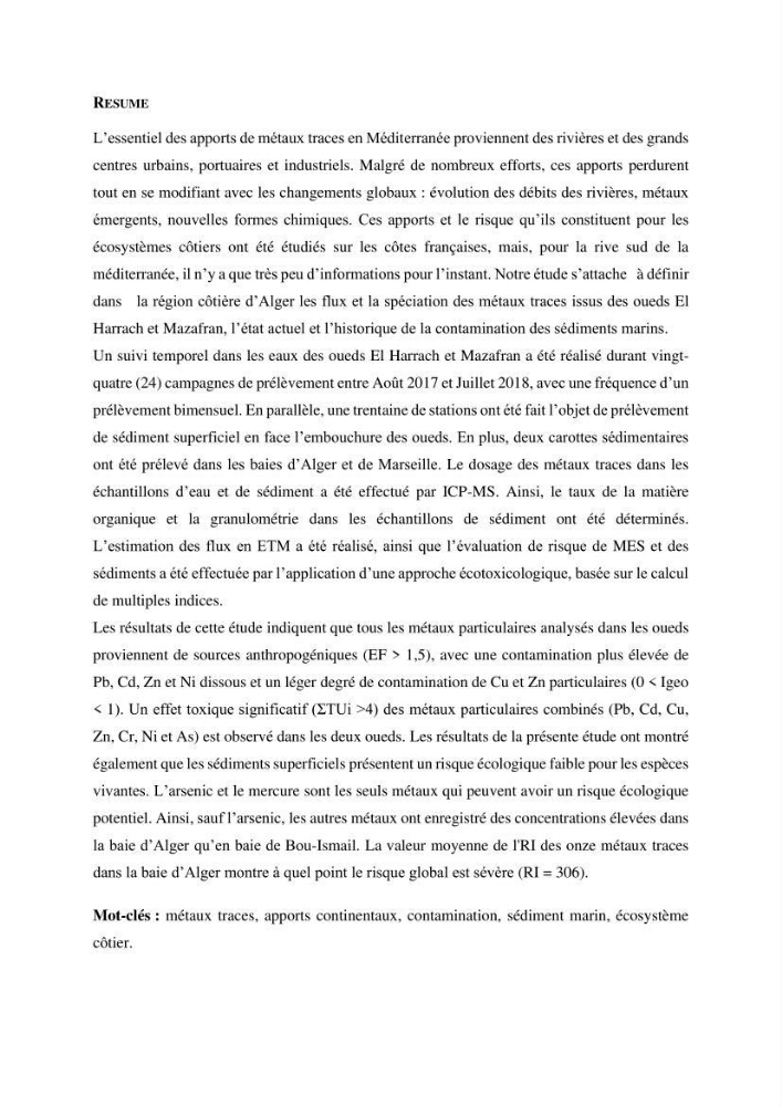 Apports et accumulation des métaux traces dans les sédiments des baies d’Alger et de Marseille