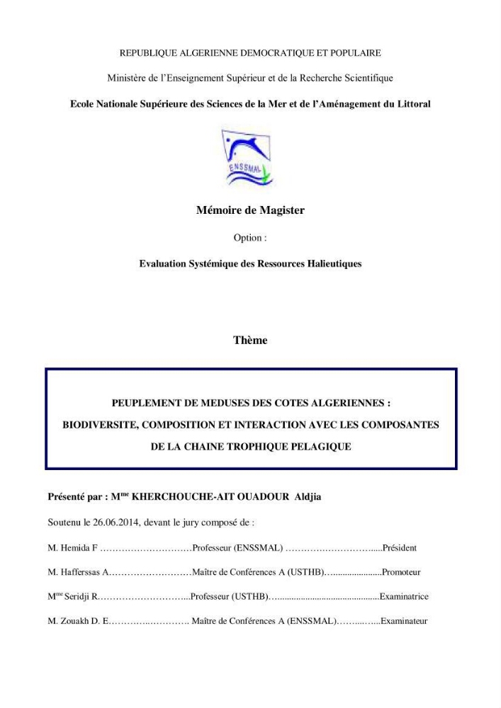 Peuplement de meduses des côtes Algeriennes