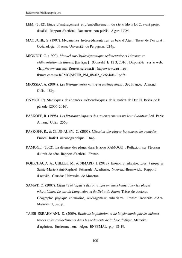 Impacts de l\'implantation des ouvrages de protection sur frange côtière de Bordj El Kiiffan