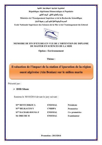 Evaluation de l'impact de la station d'épuration de la région ouest algéroise (Ain Benian) sur le melieu marin.: Evaluation de l'impact de la station d'épuration de la région ouest algéroise (Ain Benian) sur le melieu marin.: