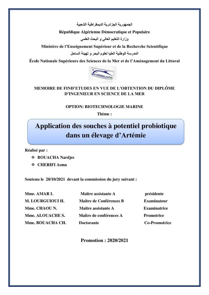 Application des souches à potentiel probiotique dans un élevage d’Artémie: