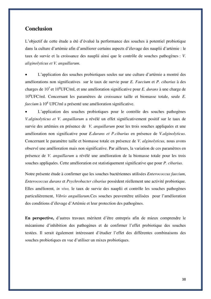Application des souches à potentiel probiotique dans un élevage d’Artémie: