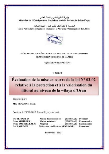 Evaluation de la mise en oeuvre de la loi n° 02-02 relative à la protection et à la valorisation du littoral au niveau de la wilaya d'Oran Evaluation de la mise en oeuvre de la loi n° 02-02 relative à la protection et à la valorisation du littoral au niveau de la wilaya d'Oran
