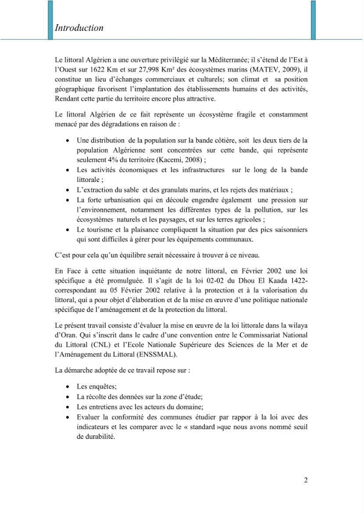 Evaluation de la mise en oeuvre de la loi n° 02-02 relative à la protection et à la valorisation du littoral au niveau de la wilaya d\'Oran