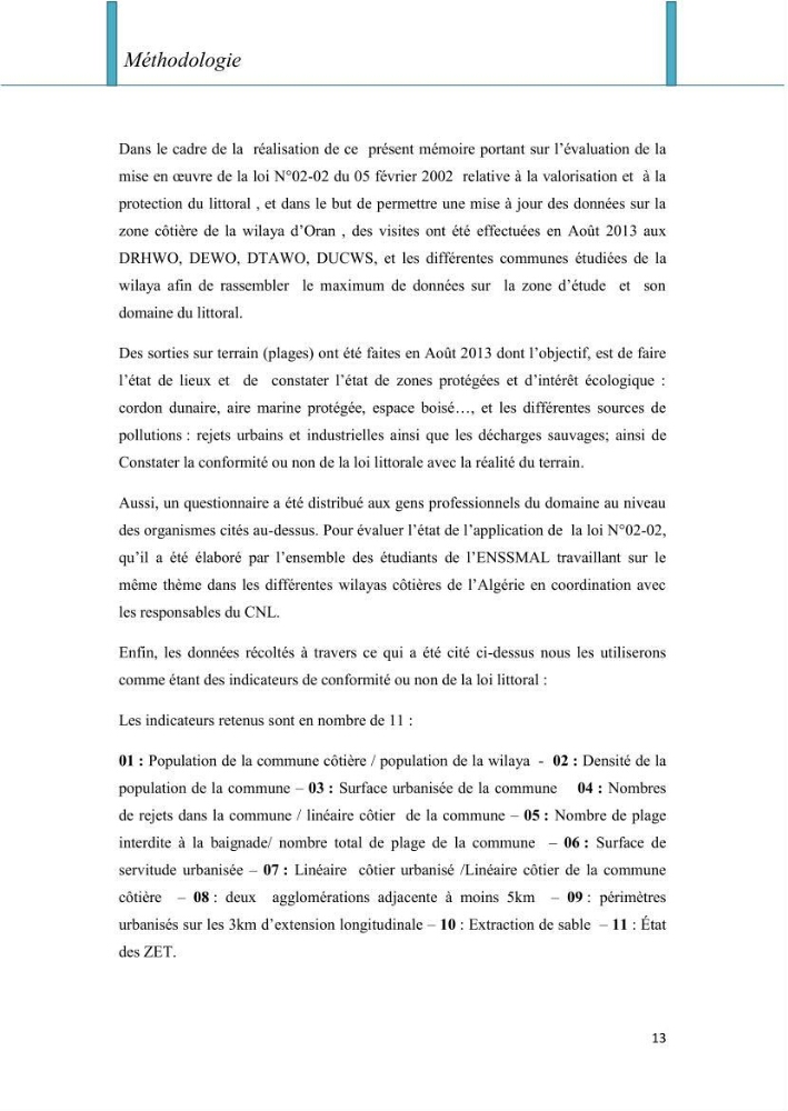 Evaluation de la mise en oeuvre de la loi n° 02-02 relative à la protection et à la valorisation du littoral au niveau de la wilaya d\'Oran