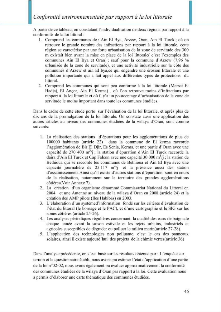 Evaluation de la mise en oeuvre de la loi n° 02-02 relative à la protection et à la valorisation du littoral au niveau de la wilaya d\'Oran