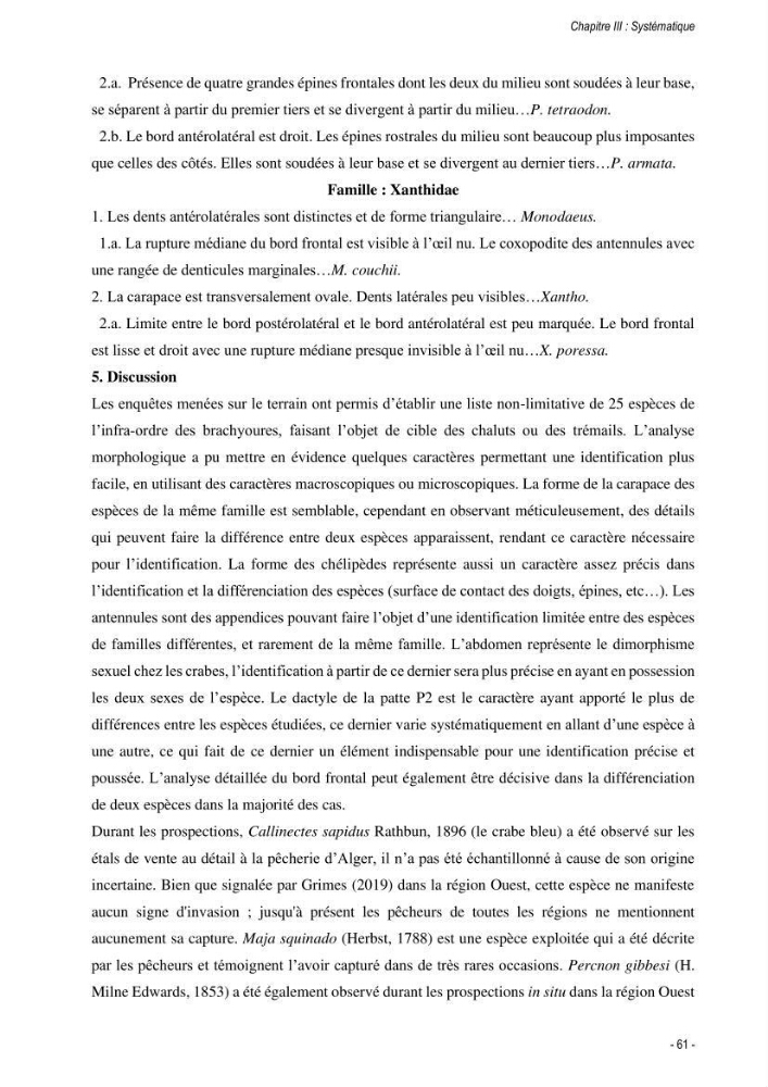 Les crabes chalutés dans le bassin algérien: systématique, Ecologie et Dynamique des populations exploitées