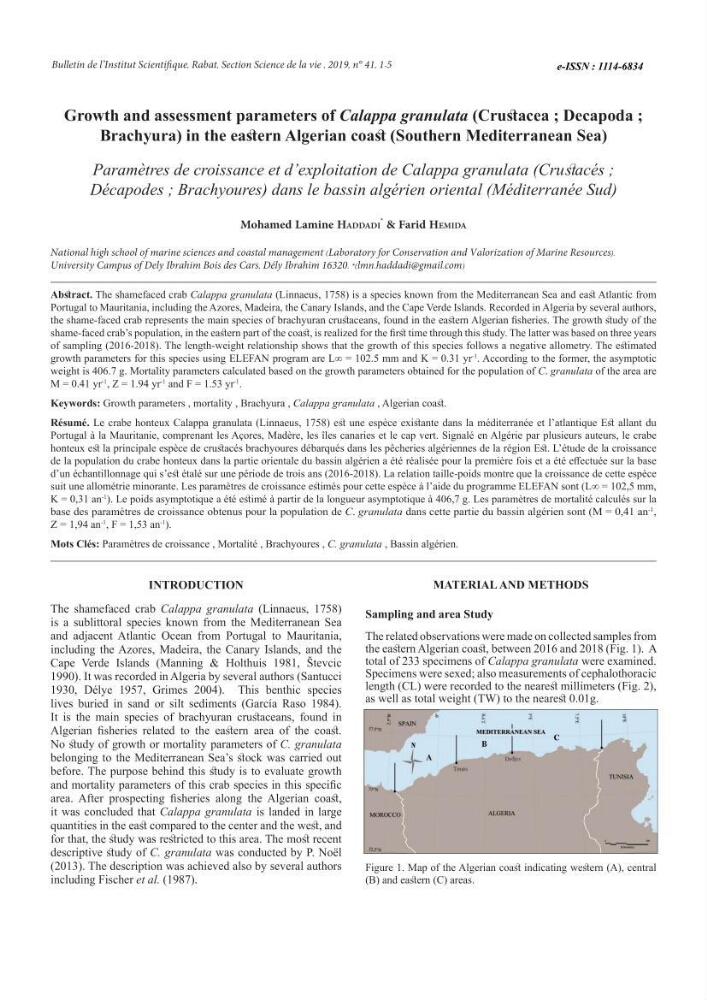 Les crabes chalutés dans le bassin algérien: systématique, Ecologie et Dynamique des populations exploitées
