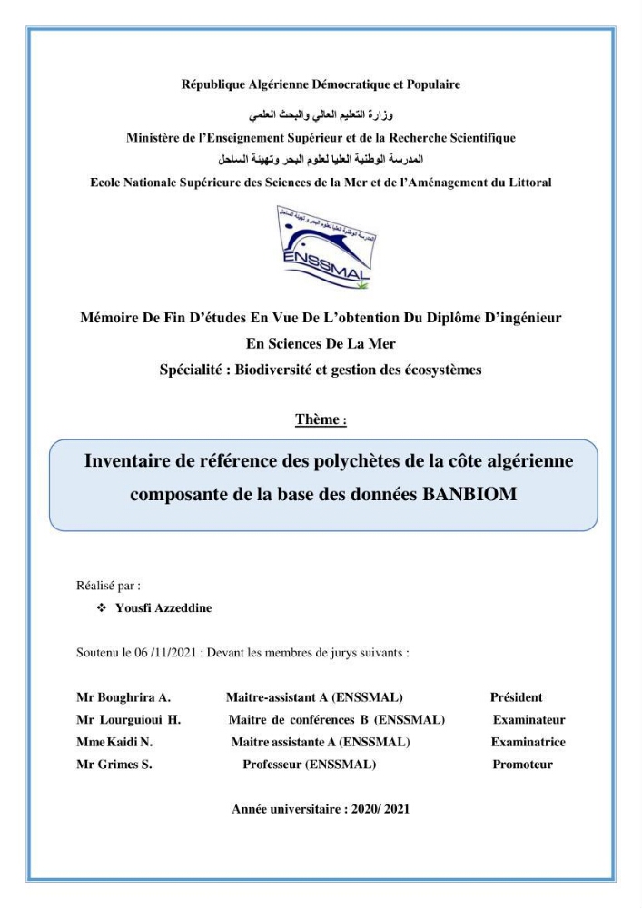 Inventaire de référence des polychètes de la côte algérienne composante de la base des données BANBIOM: