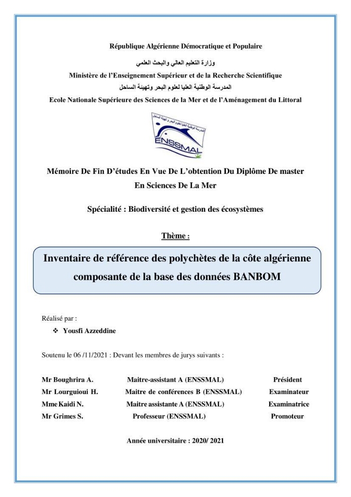 Inventaire de référence des polychètes de la côte algérienne composante de la base des données BANBIOM: